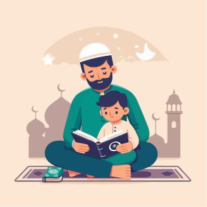 islamic-cartoon-illustration-father-teaching-child-read-holy-book-with-mosque-background_207579-906